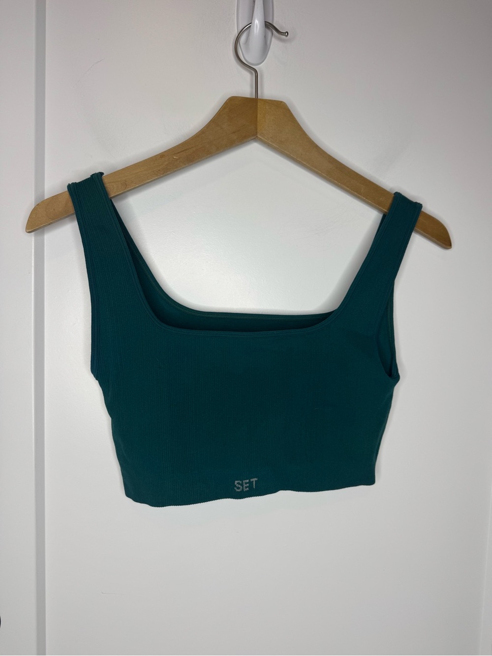 Set Active Ribbed Knit Teal Square Neck Sports Bra Size Large
